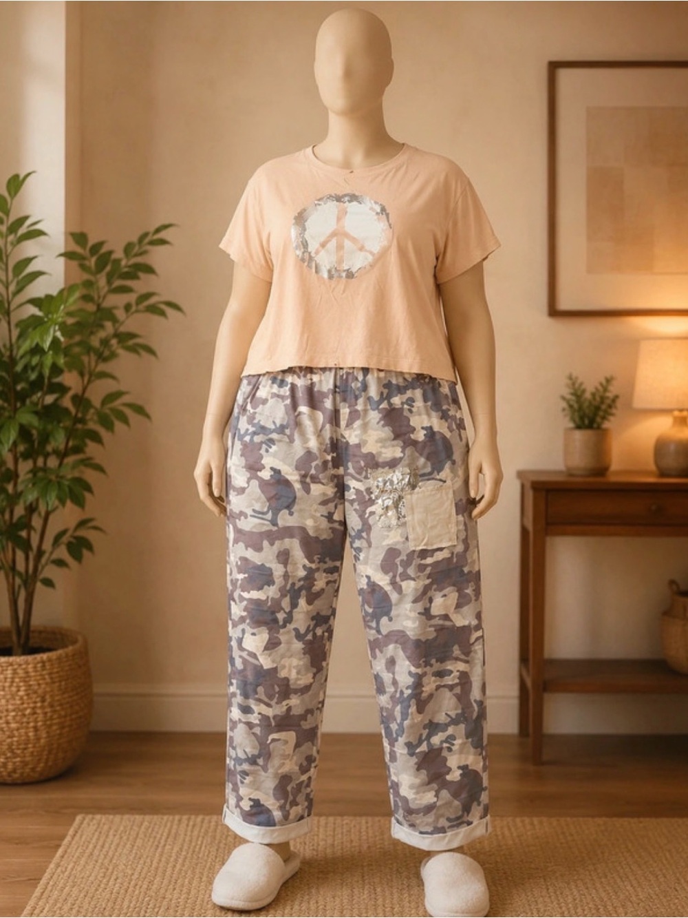 Source Unknown Peach Graphic Peace Tee with Neutral Camo Lounge Pants